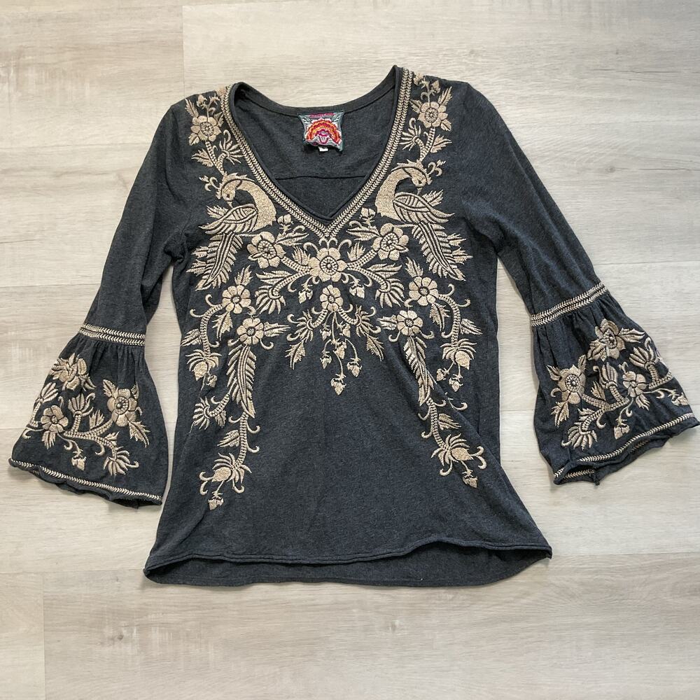 Johnny Was Adele Embroidered Jersey Top Charcoal Gray V Neck Small J17018-6